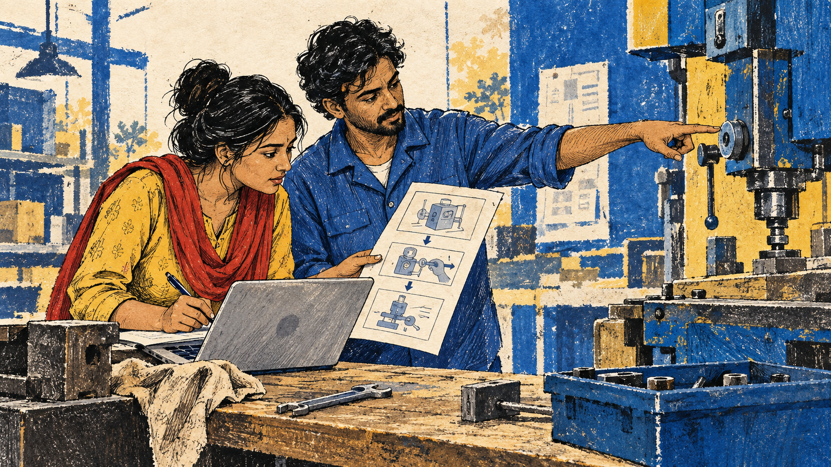 Two teammates review a printed process guide together.