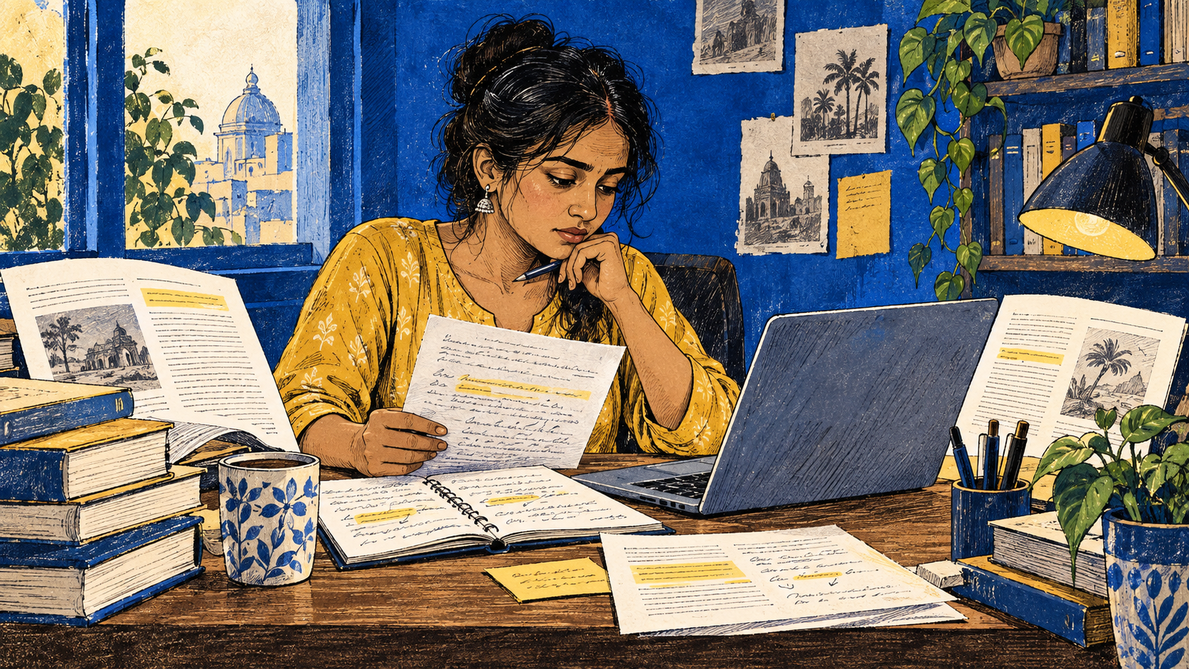 Writer compares source pages and notes beside a laptop.