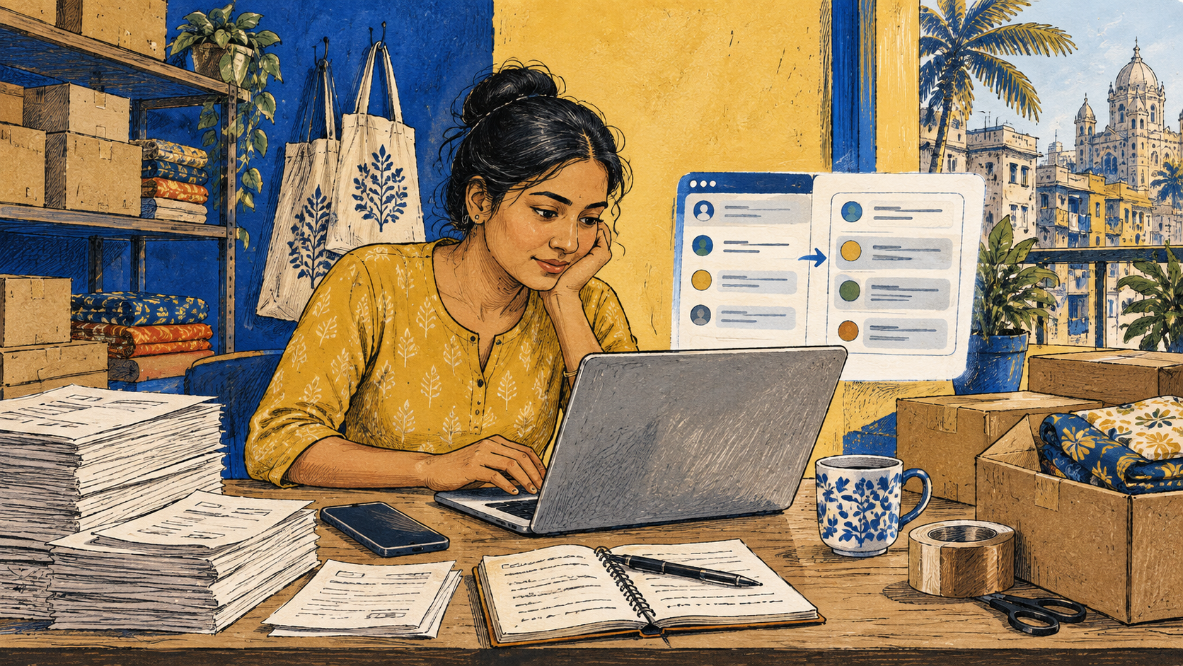 Small business owner reviews customer messages at a desk.