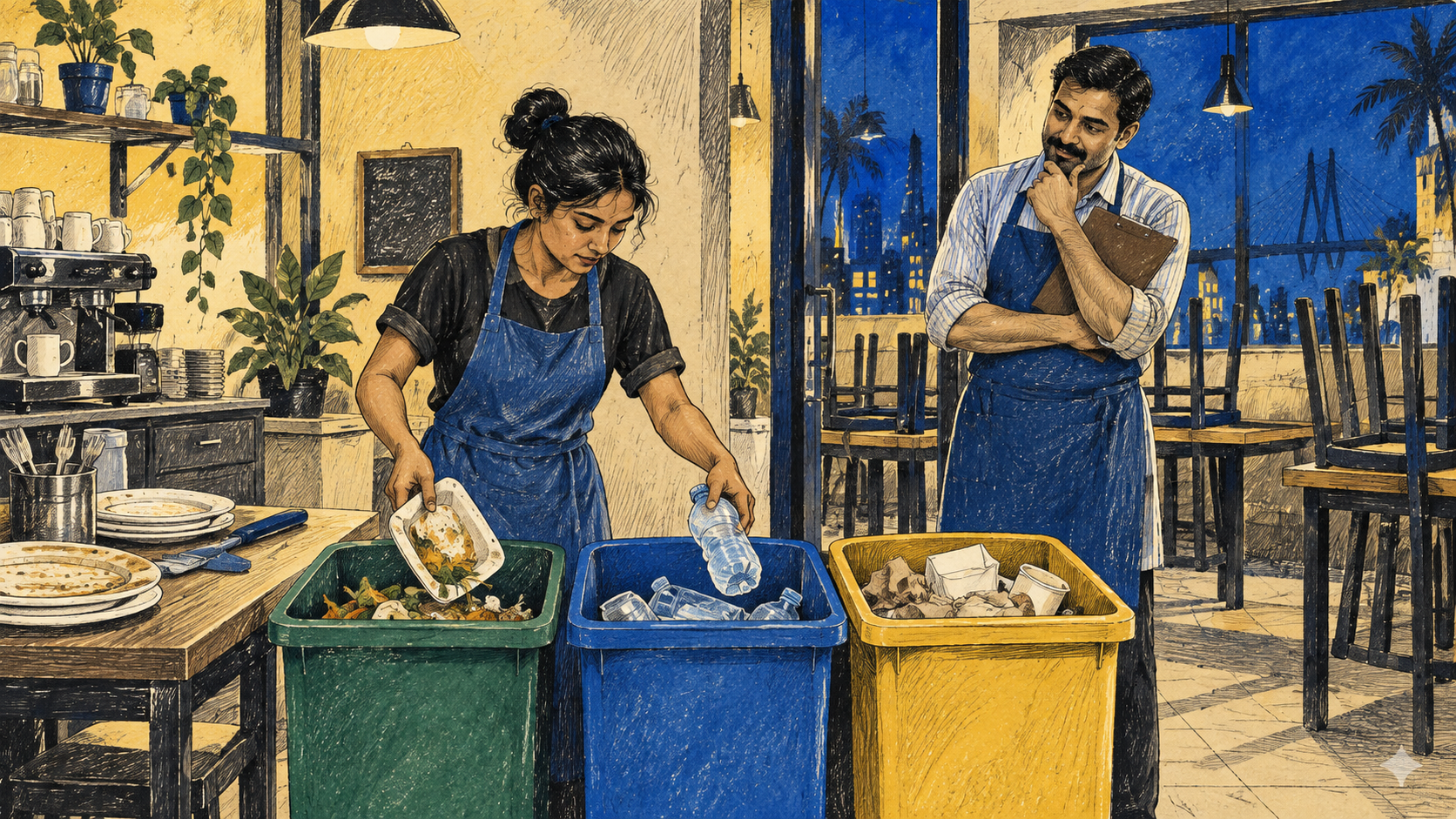 Café worker separates waste into clearly marked bins.