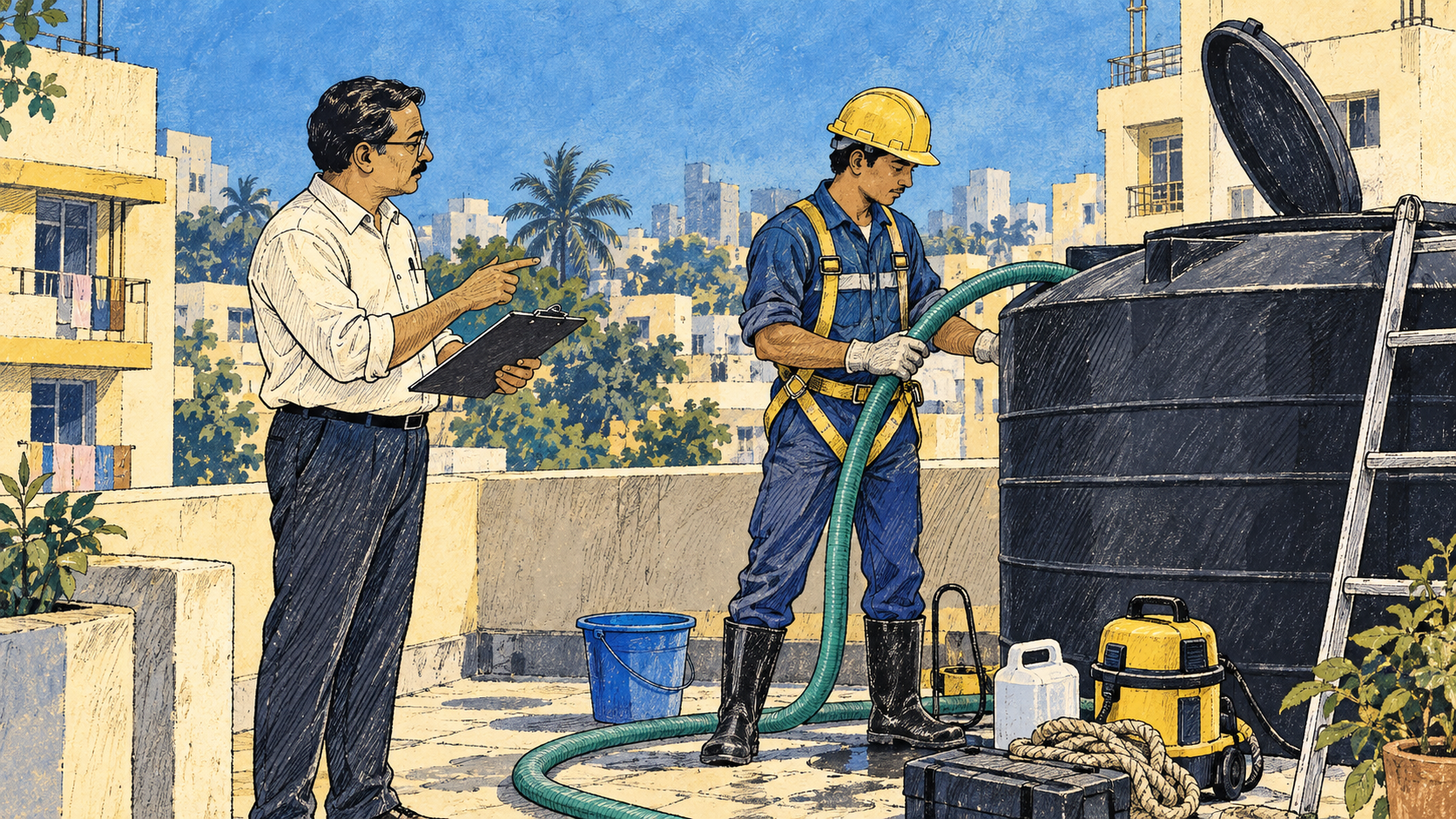 Building manager and technician plan a water-tank cleaning visit.