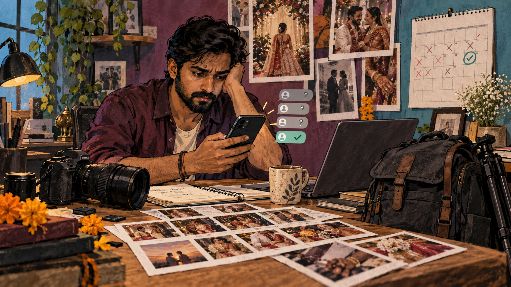 Editorial illustration of a wedding photographer reviewing enquiries and a sparse booking calendar.